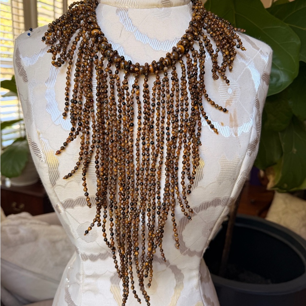 Anthropologie Multi-Strand Tiger Eye Fringe Necklace in Brown and Gold